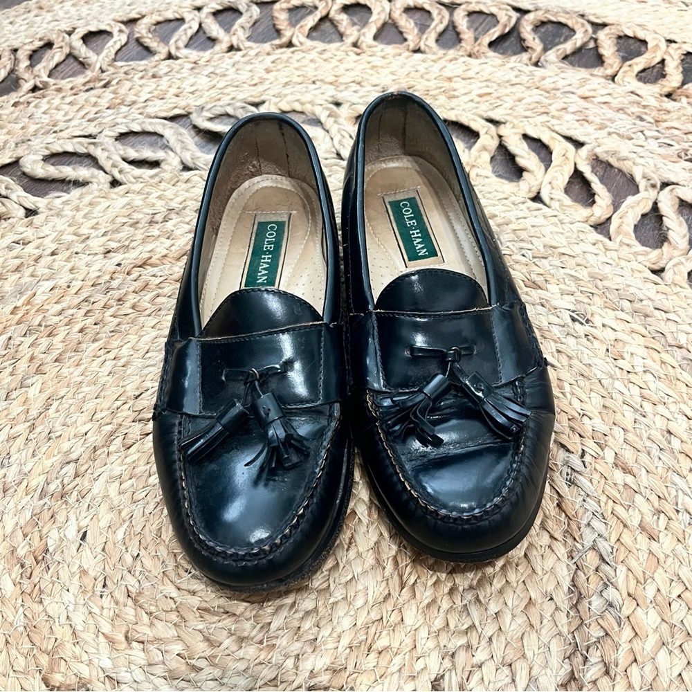 Cole Haan Men Sz 8.5 Tassel Black Leather Loafer Moc Slip On Shoes Leather Sole